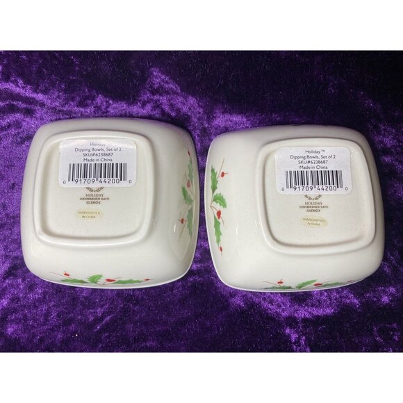 Lenox Holiday Christmas Dipping Bowl Set Of 2 Square Holly and Berry Design - Picture 5 of 8